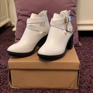 Brand new white leather healed booties!